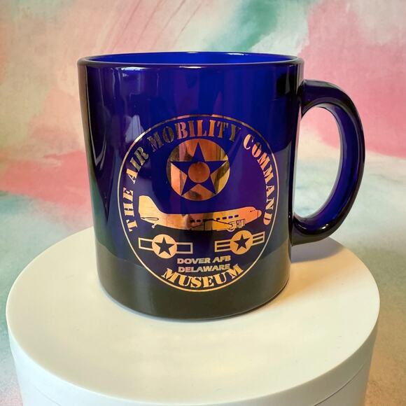 2 Vintage Air Mobility Command Museum Dover AFB Delaware Cobalt Blue Glass Mugs - Picture 2 of 3